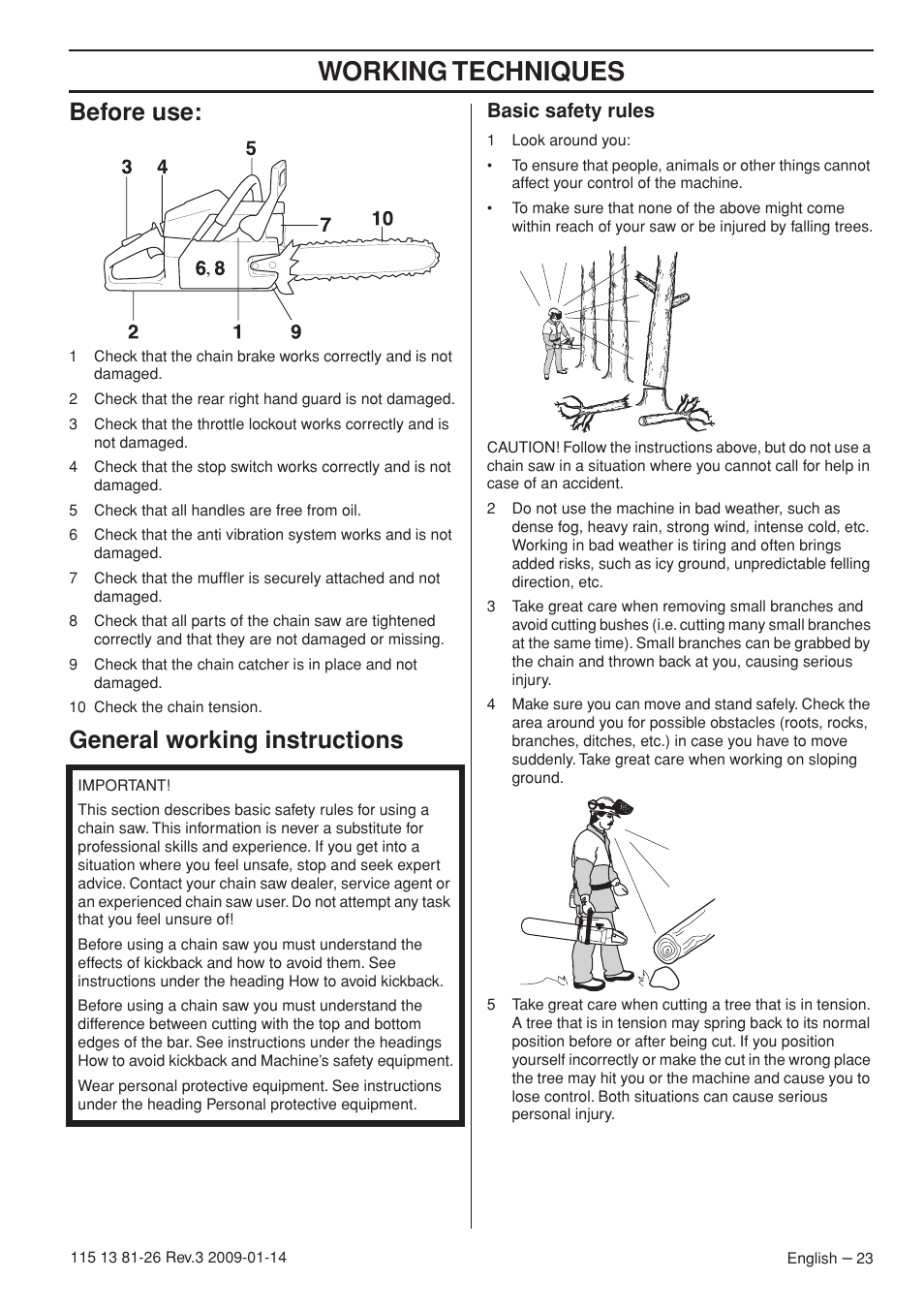 Before use, General working instructions, Basic safety rules | Working techniques | Husqvarna 450e User Manual | Page 23 / 44