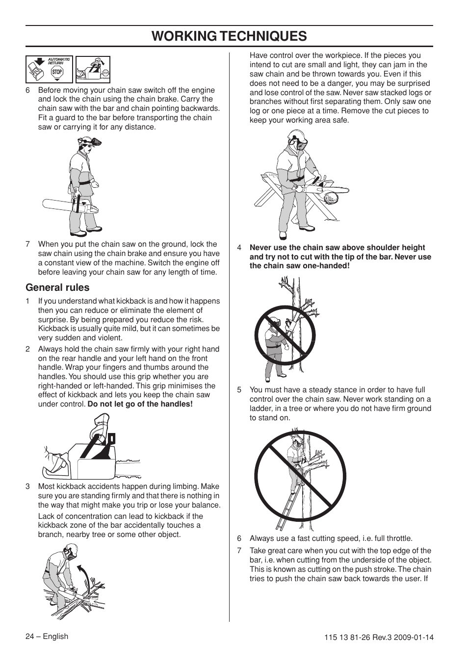General rules, Working techniques | Husqvarna 450e User Manual | Page 24 / 44