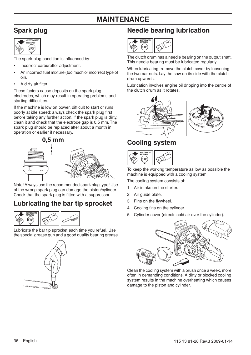 Spark plug, Lubricating the bar tip sprocket, Needle bearing lubrication | Cooling system, Maintenance | Husqvarna 450e User Manual | Page 36 / 44