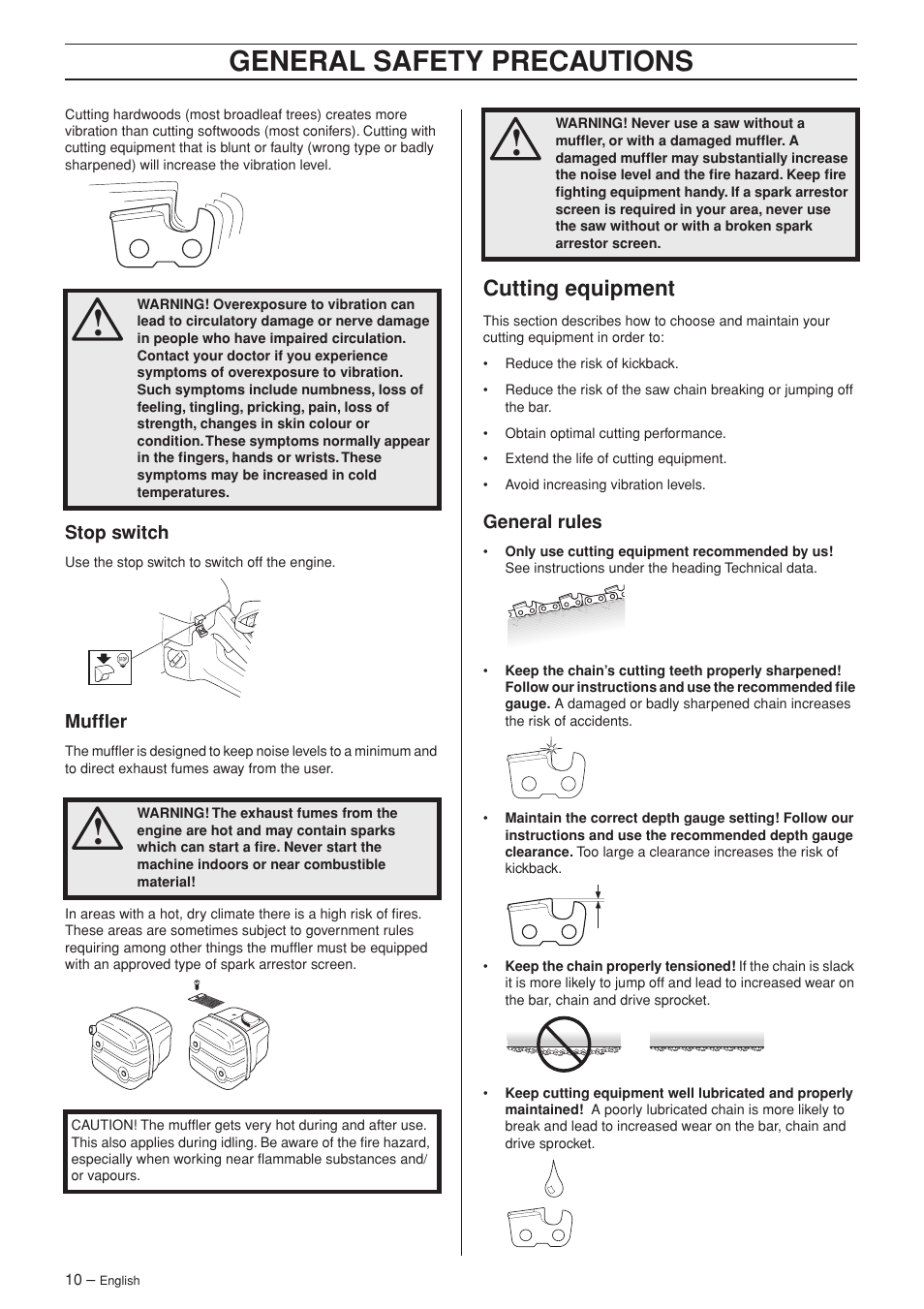 Stop switch, Muffler, Cutting equipment | General rules, General safety precautions | Husqvarna 346XP/ 351 User Manual | Page 10 / 44