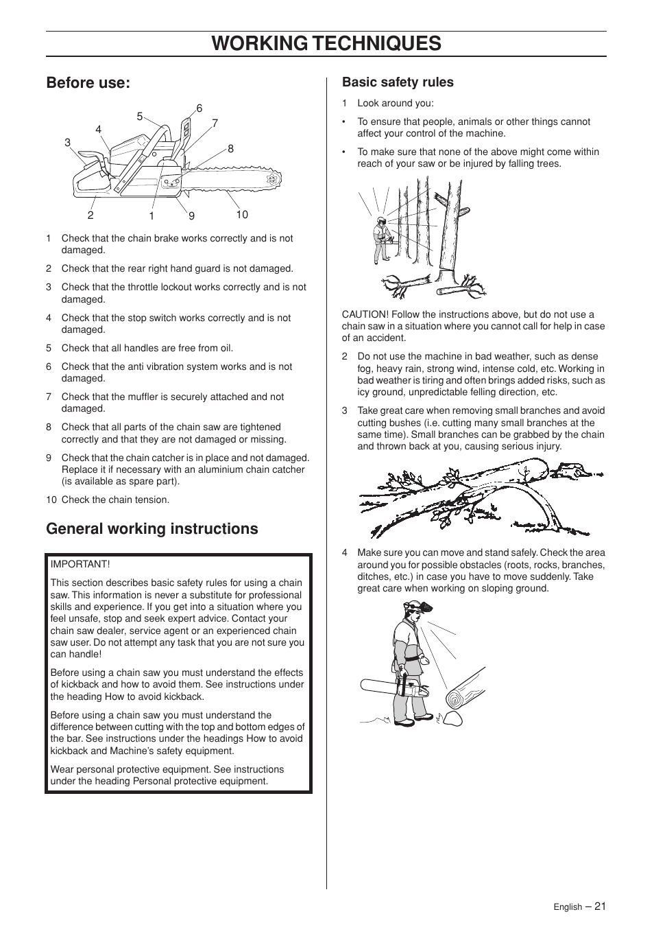 Before use, General working instructions, Basic safety rules | Working techniques | Husqvarna 346XP/ 351 User Manual | Page 21 / 44