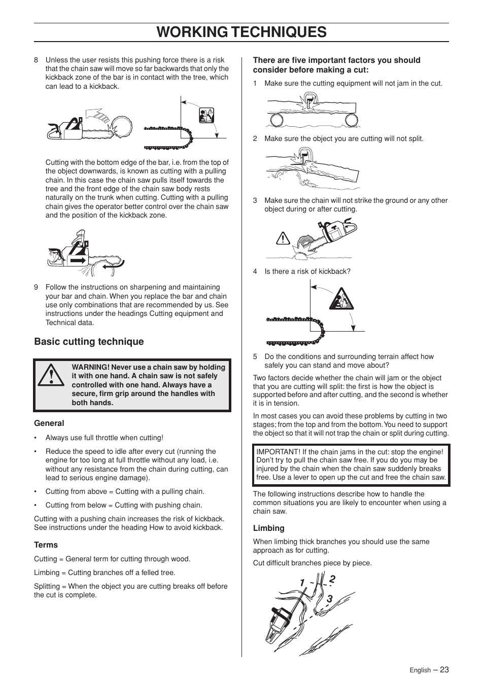 Basic cutting technique, Working techniques | Husqvarna 346XP/ 351 User Manual | Page 23 / 44