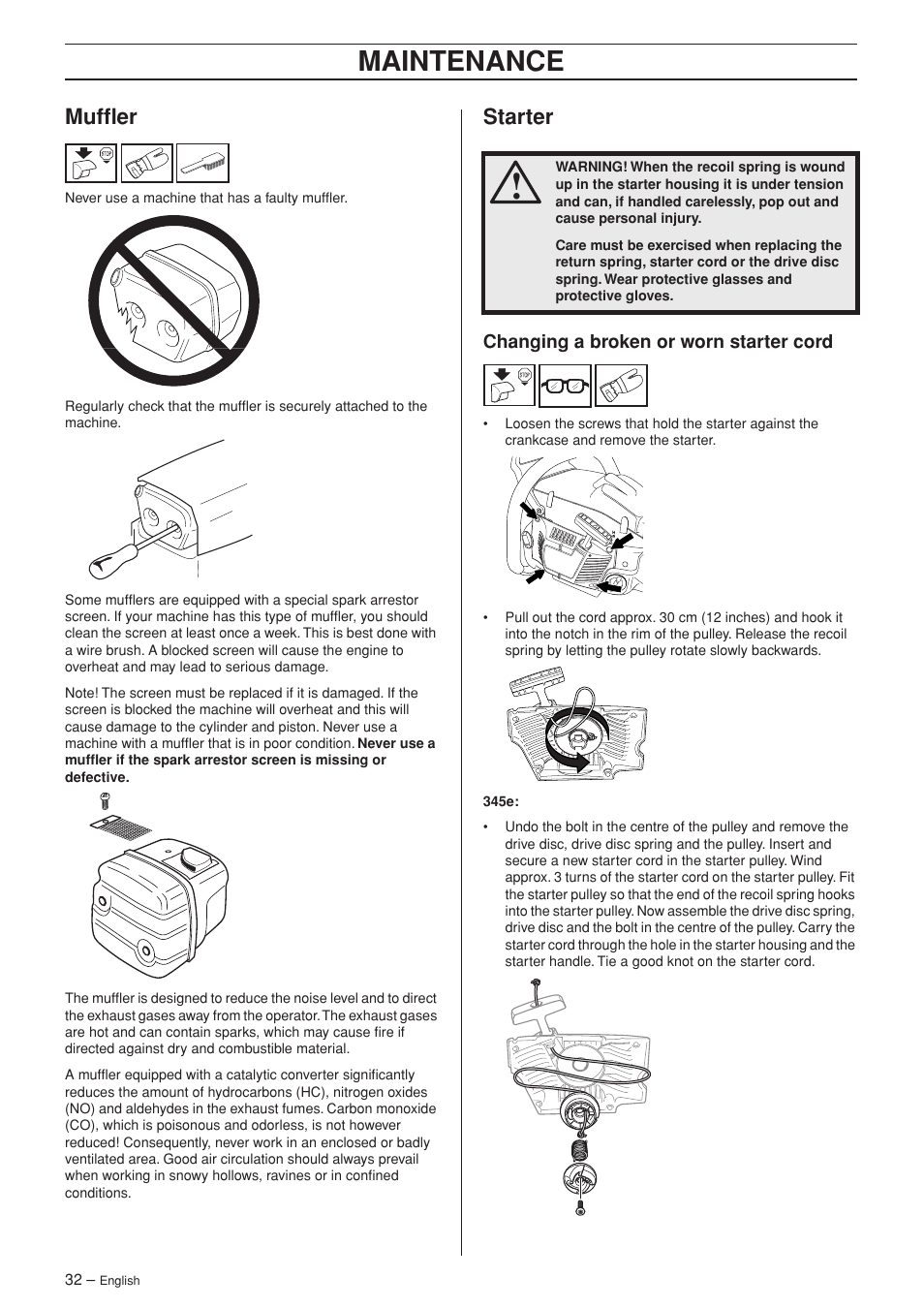 Muffler, Starter, Changing a broken or worn starter cord | Maintenance | Husqvarna 346XP/ 351 User Manual | Page 32 / 44