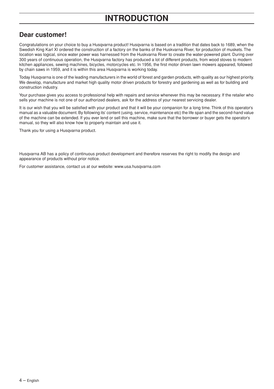 Dear customer, Intr oduction | Husqvarna 346XP/ 351 User Manual | Page 4 / 44