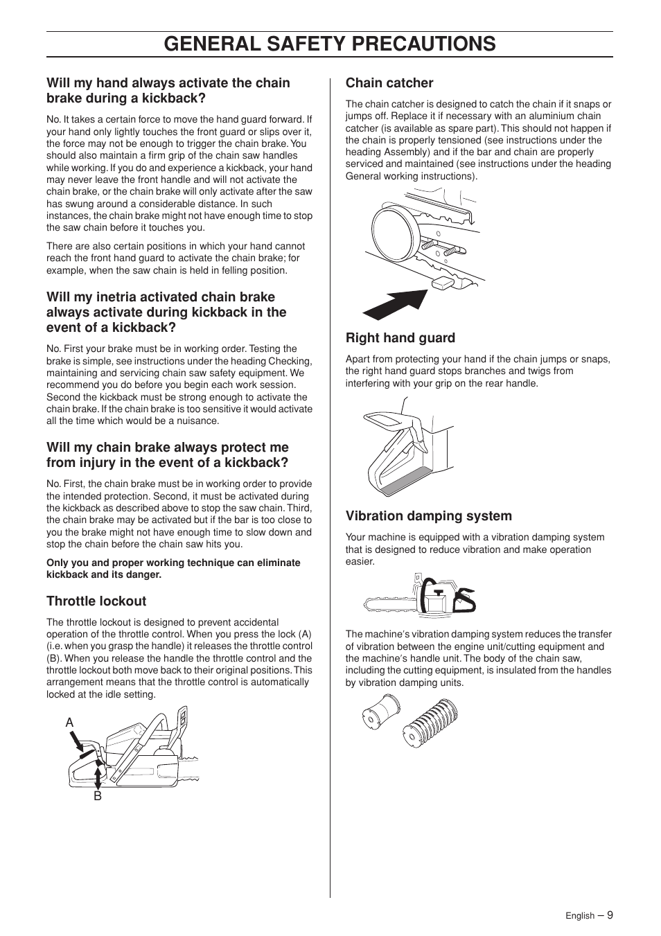 Throttle lockout, Chain catcher, Right hand guard | Vibration damping system, General safety precautions | Husqvarna 346XP/ 351 User Manual | Page 9 / 44