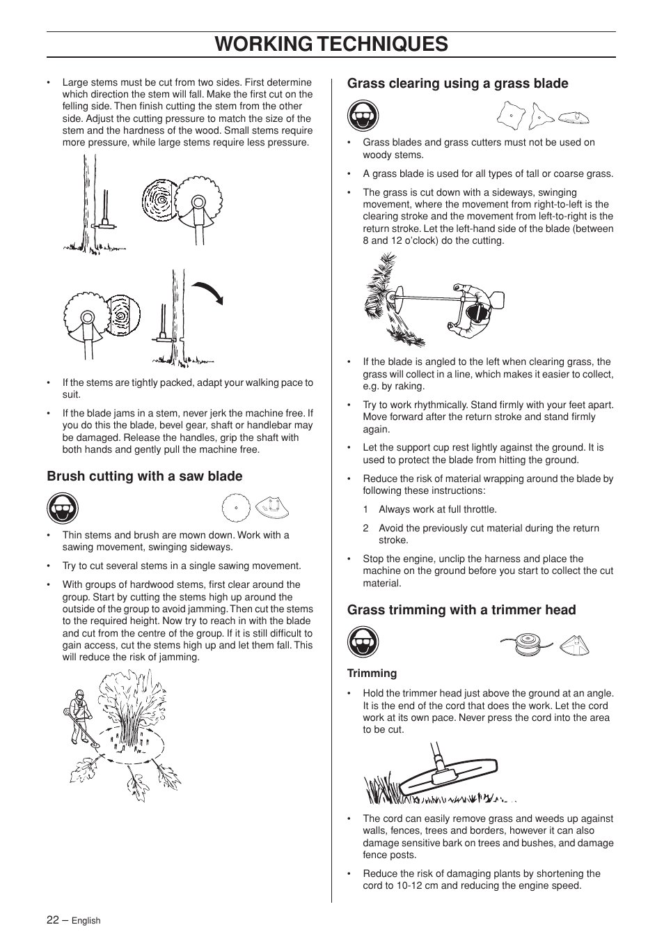Brush cutting with a saw blade, Grass clearing using a grass blade, Grass trimming with a trimmer head | Working techniques | Husqvarna 335RX-Series User Manual | Page 22 / 40