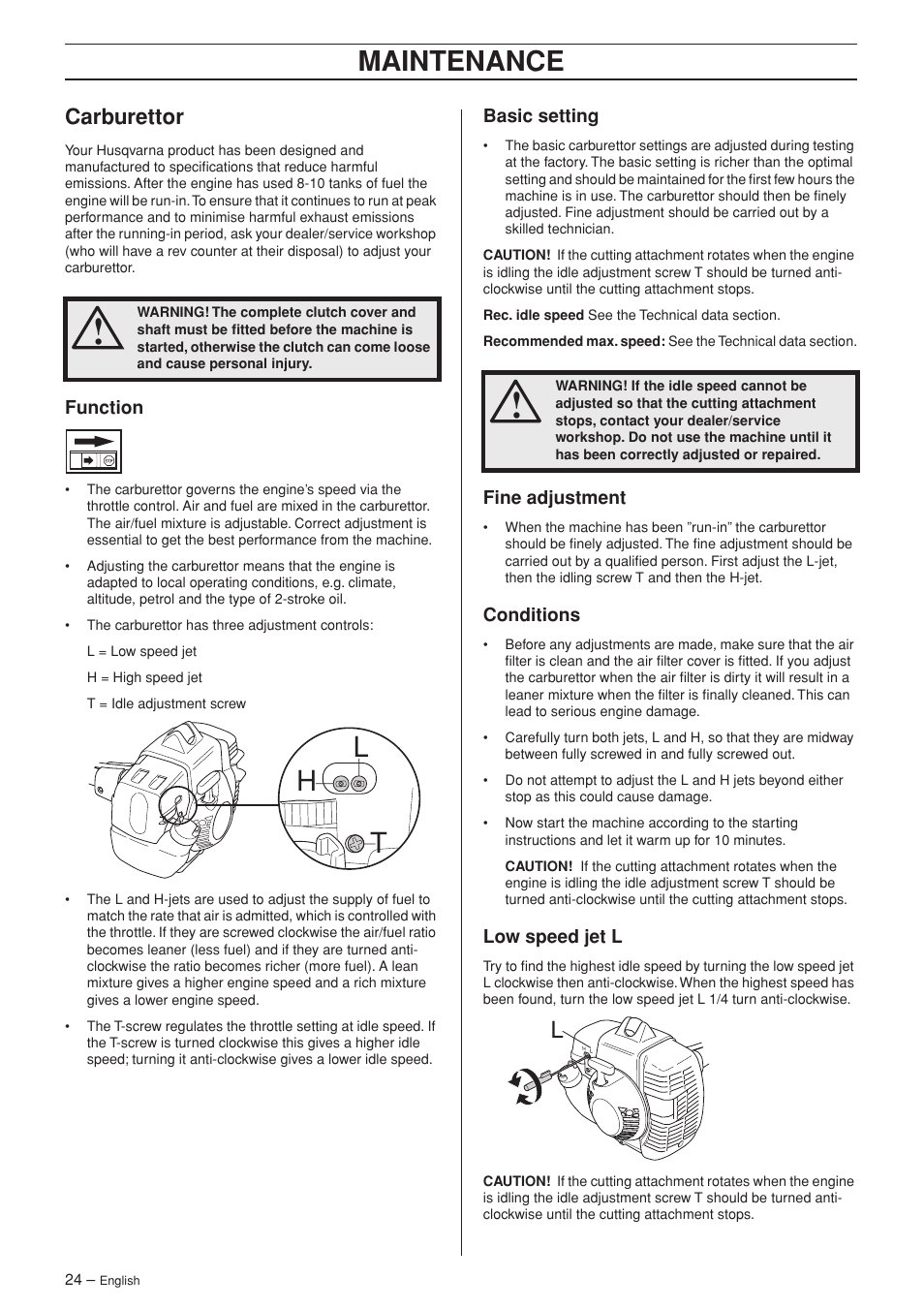 Carburettor, Function, Basic setting | Fine adjustment, Conditions, Low speed jet l, Hl t, Maintenance | Husqvarna 335RX-Series User Manual | Page 24 / 40