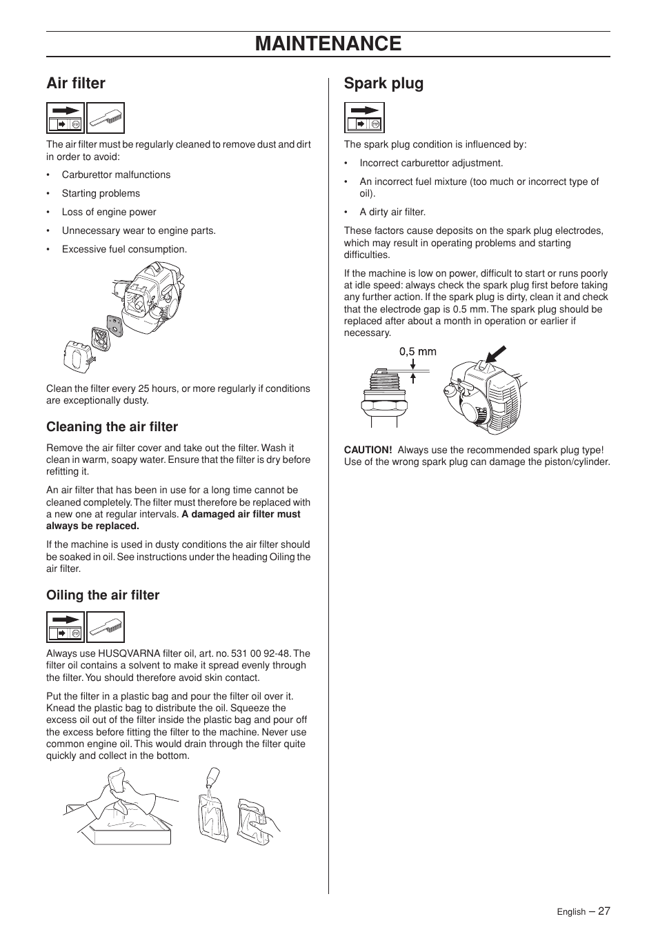 Air filter, Cleaning the air filter, Oiling the air filter | Spark plug, Maintenance | Husqvarna 335RX-Series User Manual | Page 27 / 40