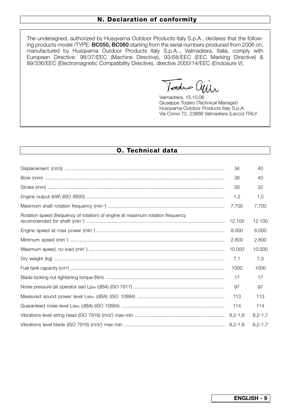 O. technical data, N. declaration of conformity, English - 9 | Husqvarna 953900746 User Manual | Page 12 / 12