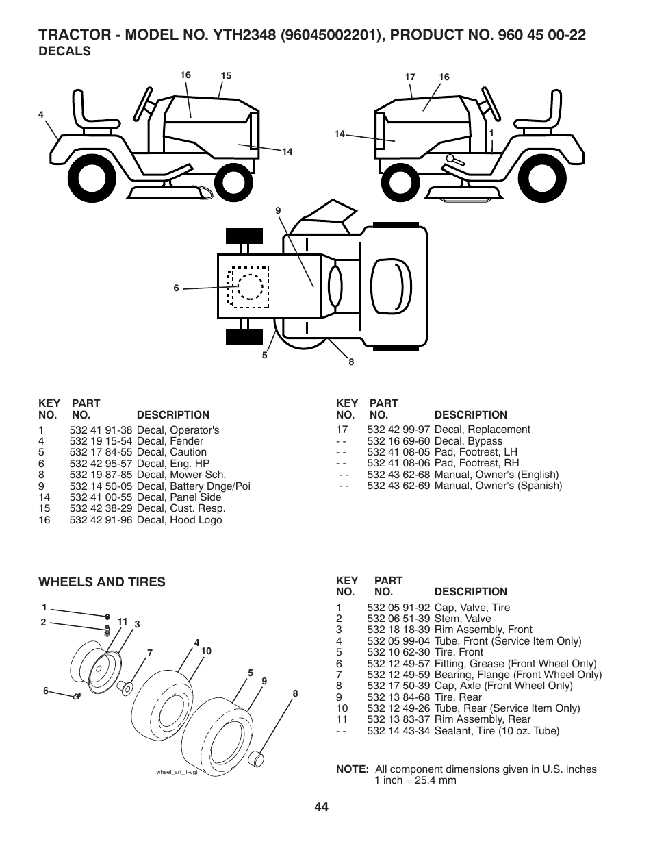 Decals, Wheels and tires | Husqvarna 532 43 62-68 User Manual | Page 44 / 48