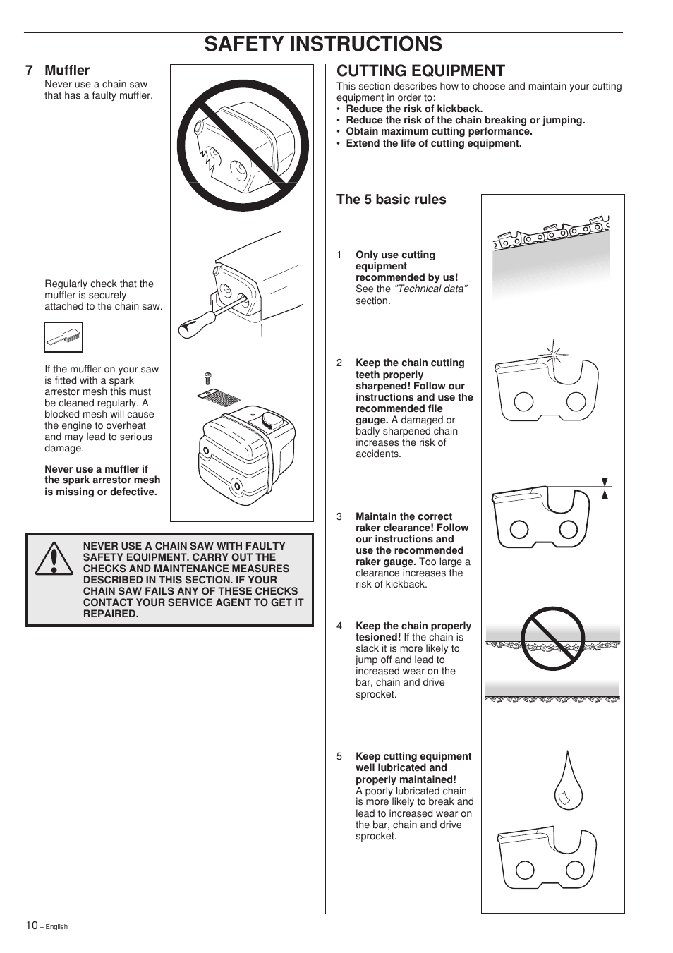 Safety instructions, Cutting equipment, 7 muffler | The 5 basic rules | Husqvarna 340 EPA II User Manual | Page 10 / 36