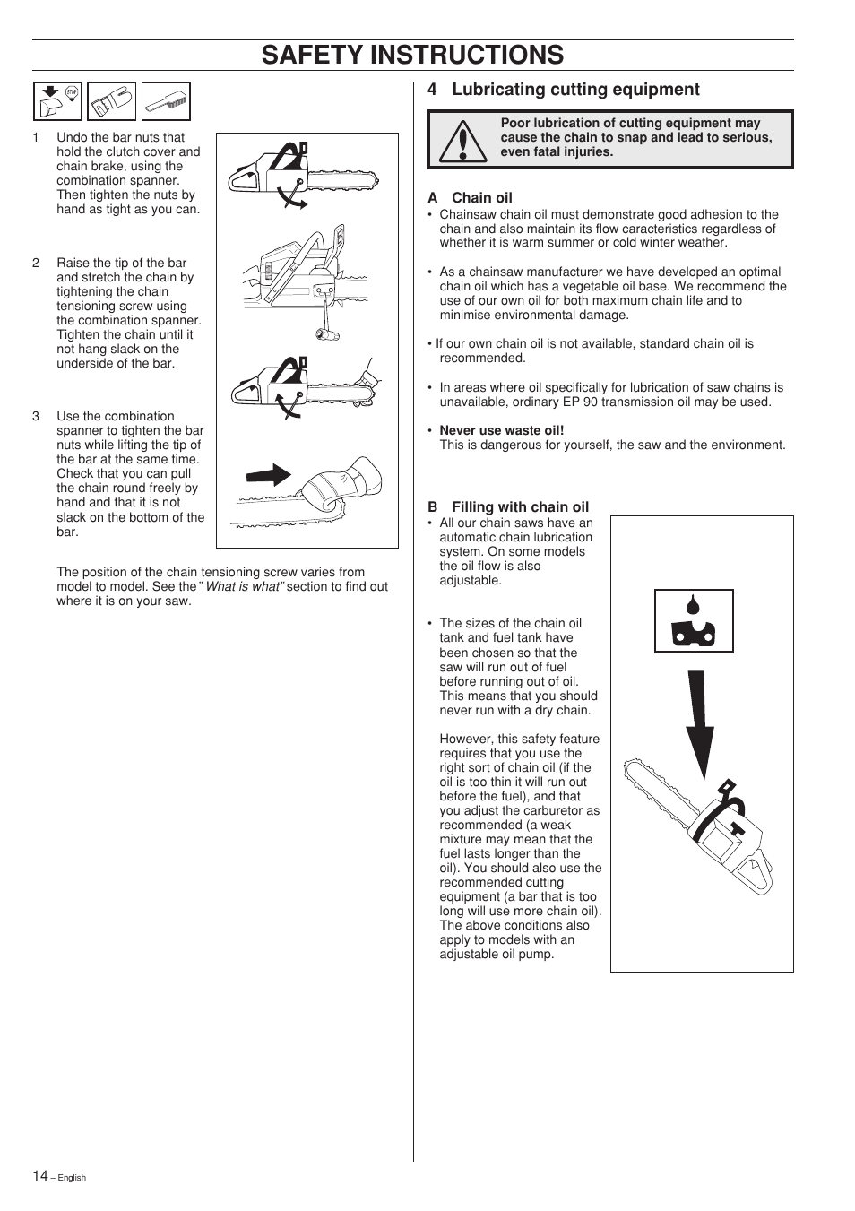 Safety instructions, 4 lubricating cutting equipment | Husqvarna 340 EPA II User Manual | Page 14 / 36