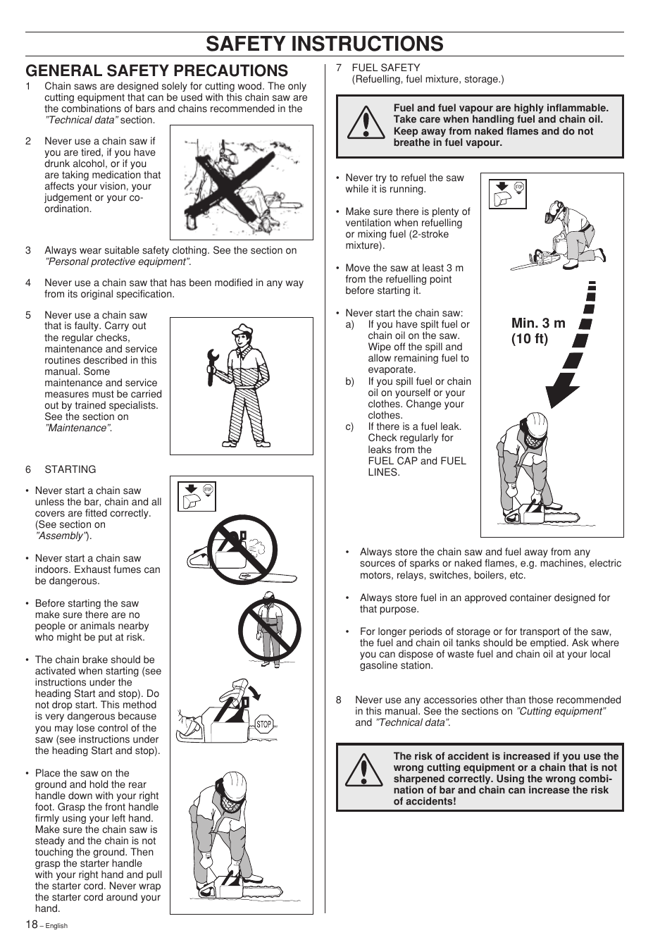 Safety instructions, General safety precautions, Min. 3 m (10 ft) | Husqvarna 340 EPA II User Manual | Page 18 / 36