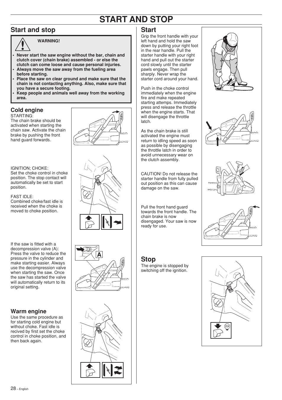 Start and stop, Start, Stop | Husqvarna 340 EPA II User Manual | Page 28 / 36