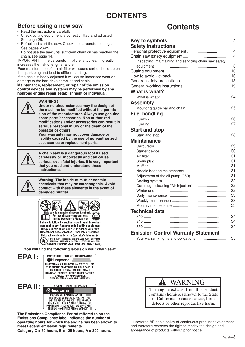 Husqvarna 340 EPA II User Manual | Page 3 / 36