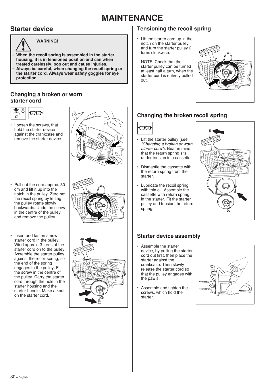 Maintenance, Starter device, Changing a broken or worn starter cord | Tensioning the recoil spring, Starter device assembly, Changing the broken recoil spring | Husqvarna 340 EPA II User Manual | Page 30 / 36