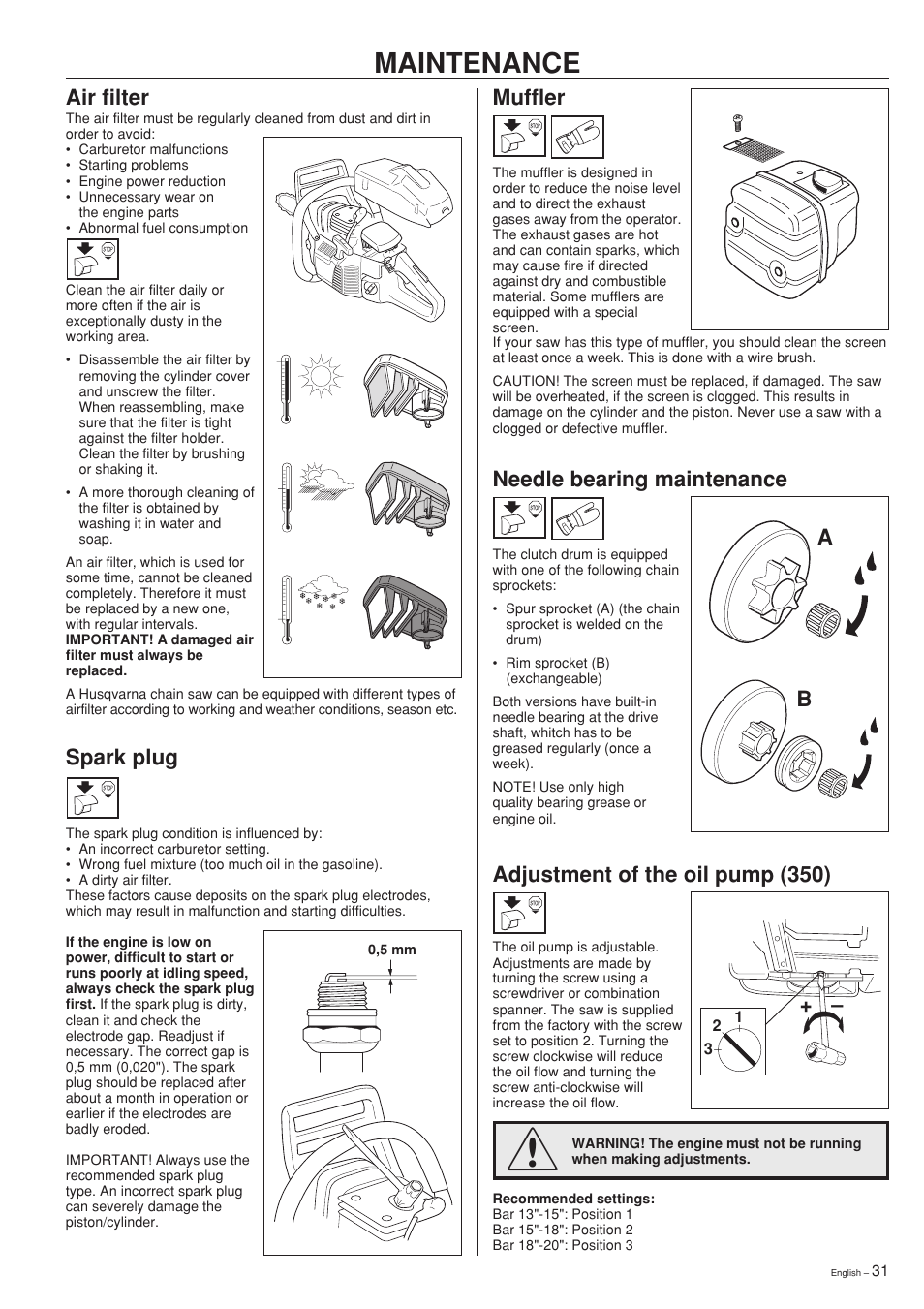 Maintenance, Muffler, Spark plug | Air filter, Adjustment of the oil pump (350), Needle bearing maintenance | Husqvarna 340 EPA II User Manual | Page 31 / 36