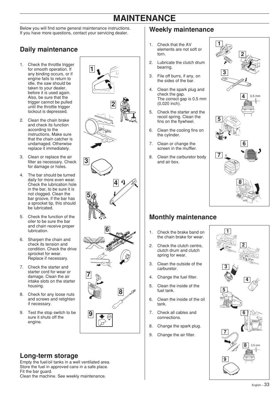 Maintenance, Weekly maintenance, Monthly maintenance | Daily maintenance, Long-term storage | Husqvarna 340 EPA II User Manual | Page 33 / 36