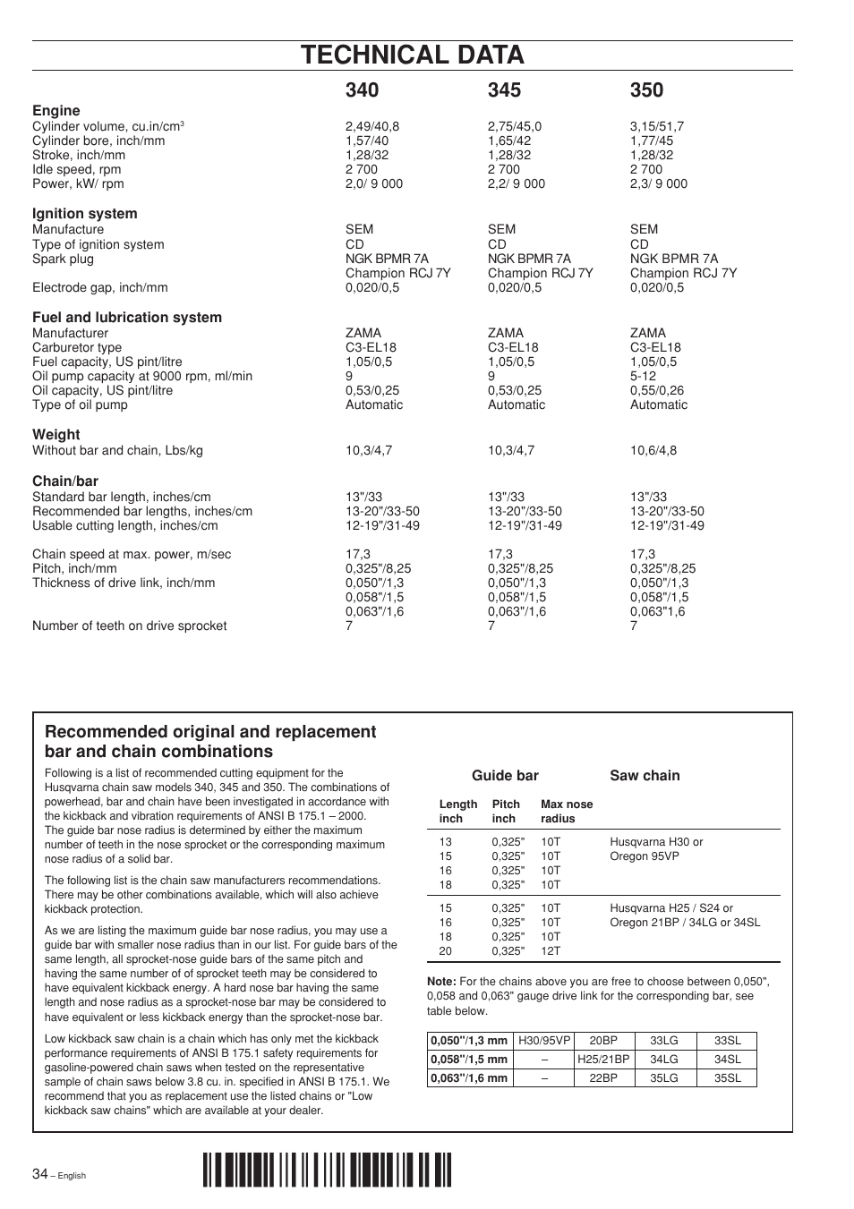 Technical data, Z+h+q¶5n | Husqvarna 340 EPA II User Manual | Page 34 / 36