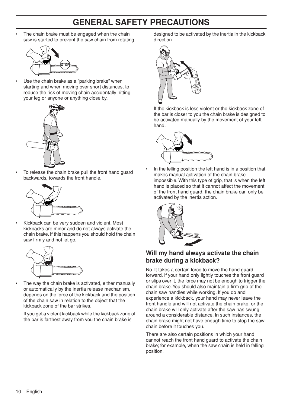 General safety precautions | Husqvarna Chainsaw T435 User Manual | Page 10 / 140