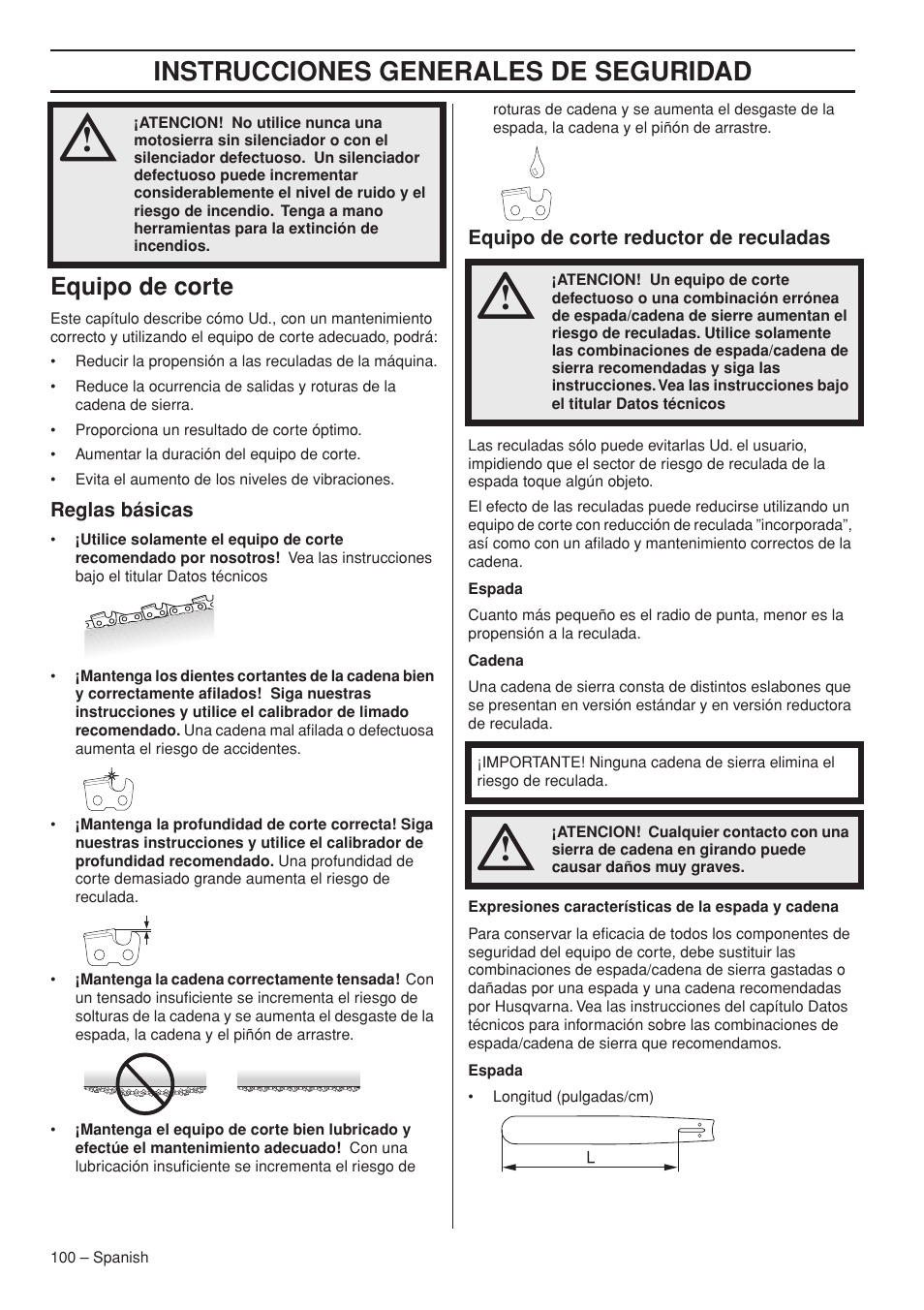 Instrucciones generales de seguridad, Equipo de corte | Husqvarna Chainsaw T435 User Manual | Page 100 / 140