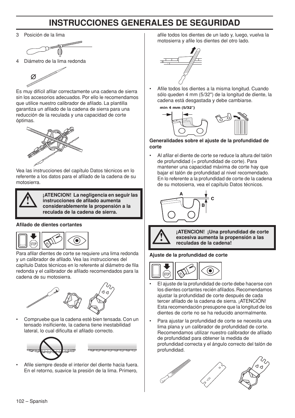 Instrucciones generales de seguridad | Husqvarna Chainsaw T435 User Manual | Page 102 / 140