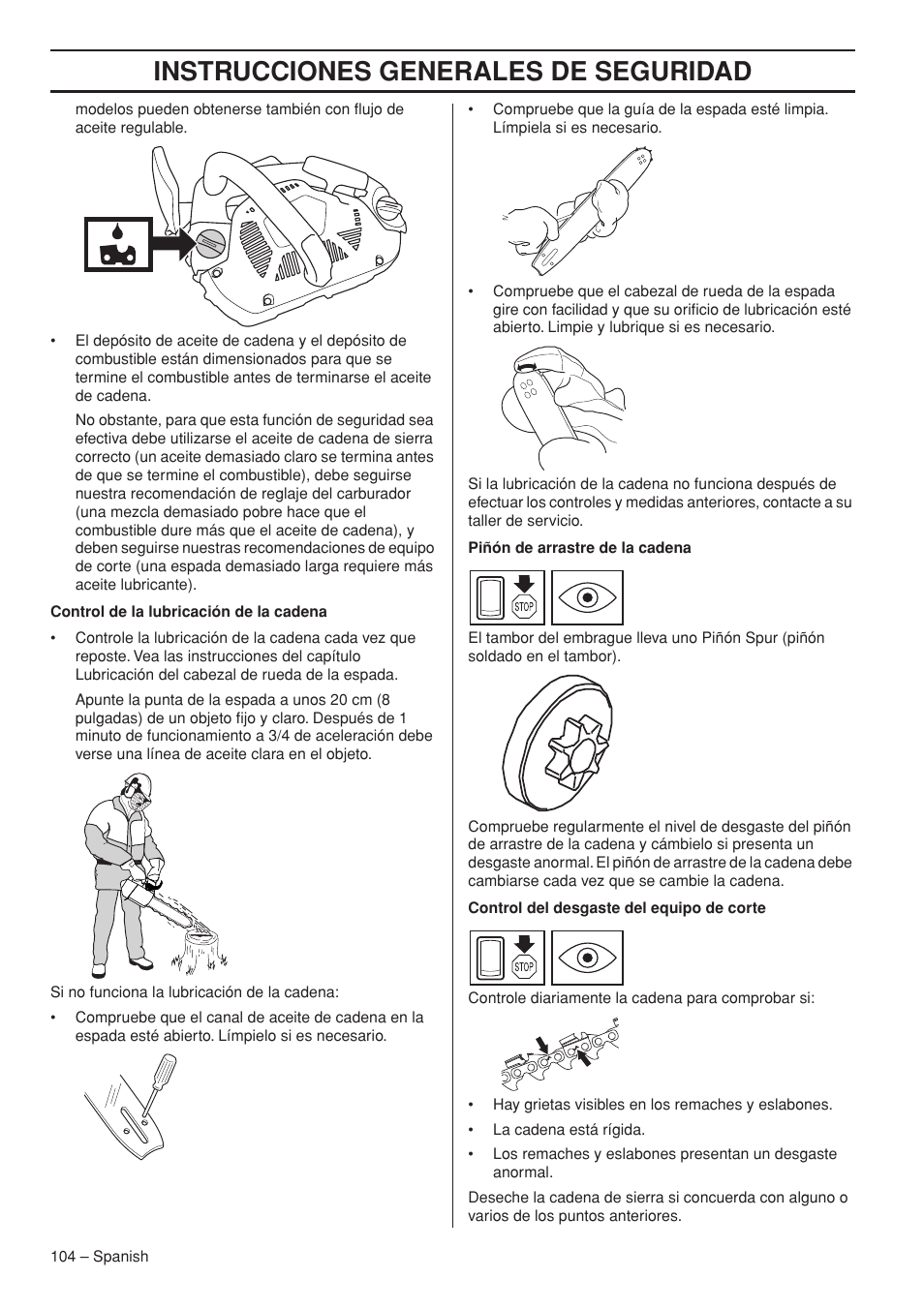 Instrucciones generales de seguridad | Husqvarna Chainsaw T435 User Manual | Page 104 / 140