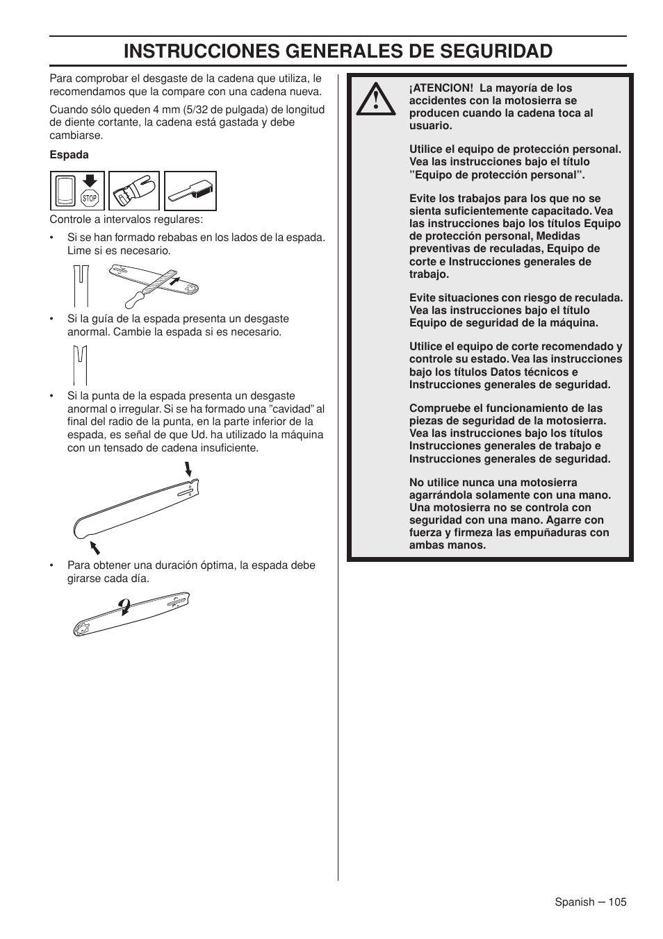 Instrucciones generales de seguridad | Husqvarna Chainsaw T435 User Manual | Page 105 / 140