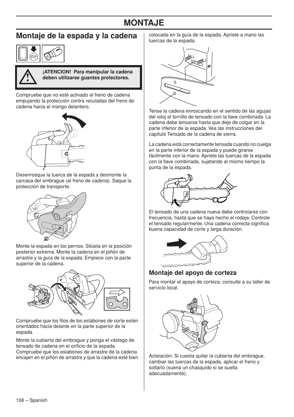 Montaje, Montaje de la espada y la cadena | Husqvarna Chainsaw T435 User Manual | Page 106 / 140