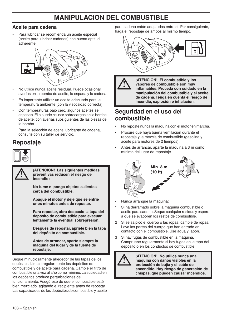 Manipulacion del combustible, Repostaje, Seguridad en el uso del combustible | Husqvarna Chainsaw T435 User Manual | Page 108 / 140