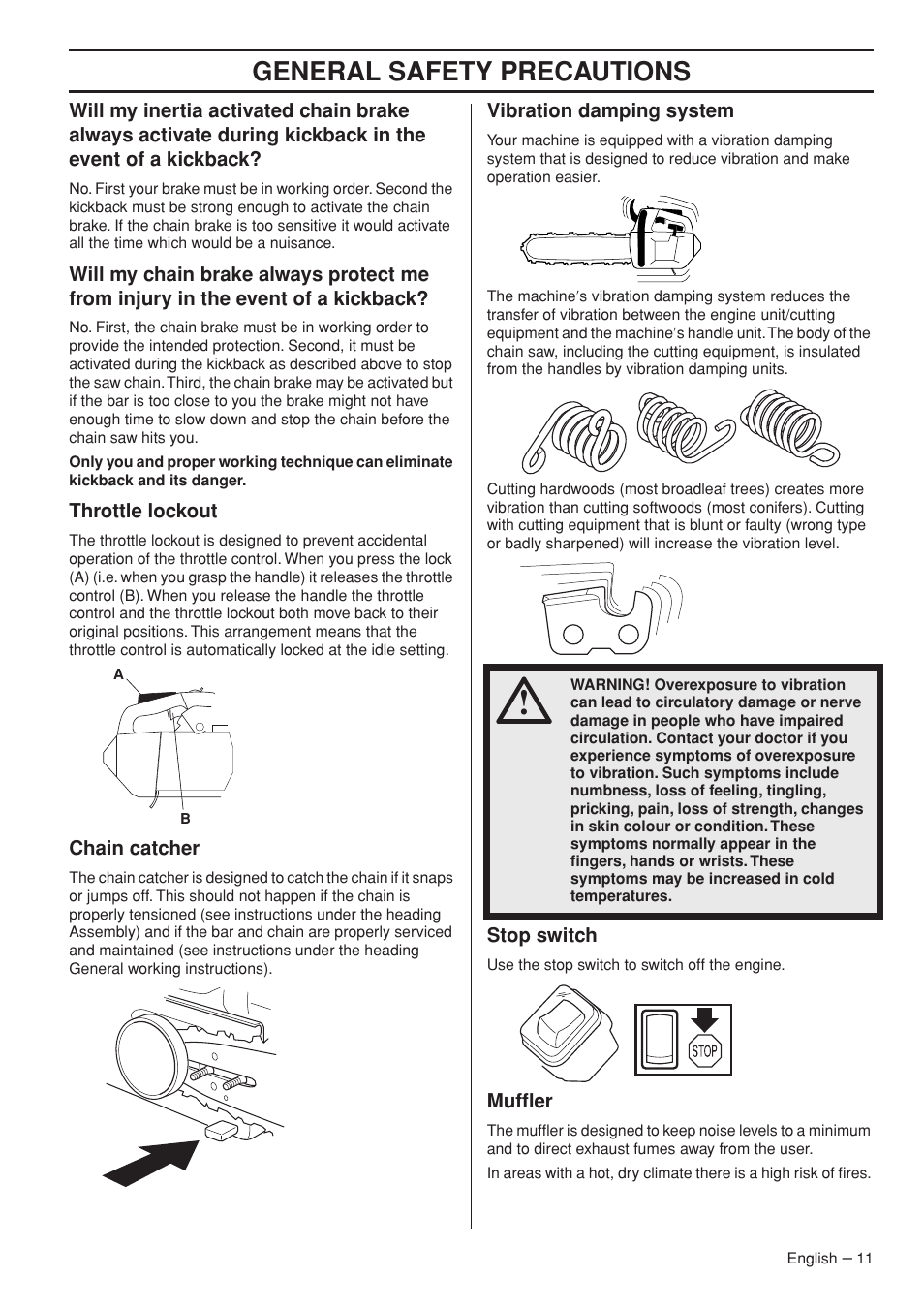 General safety precautions | Husqvarna Chainsaw T435 User Manual | Page 11 / 140