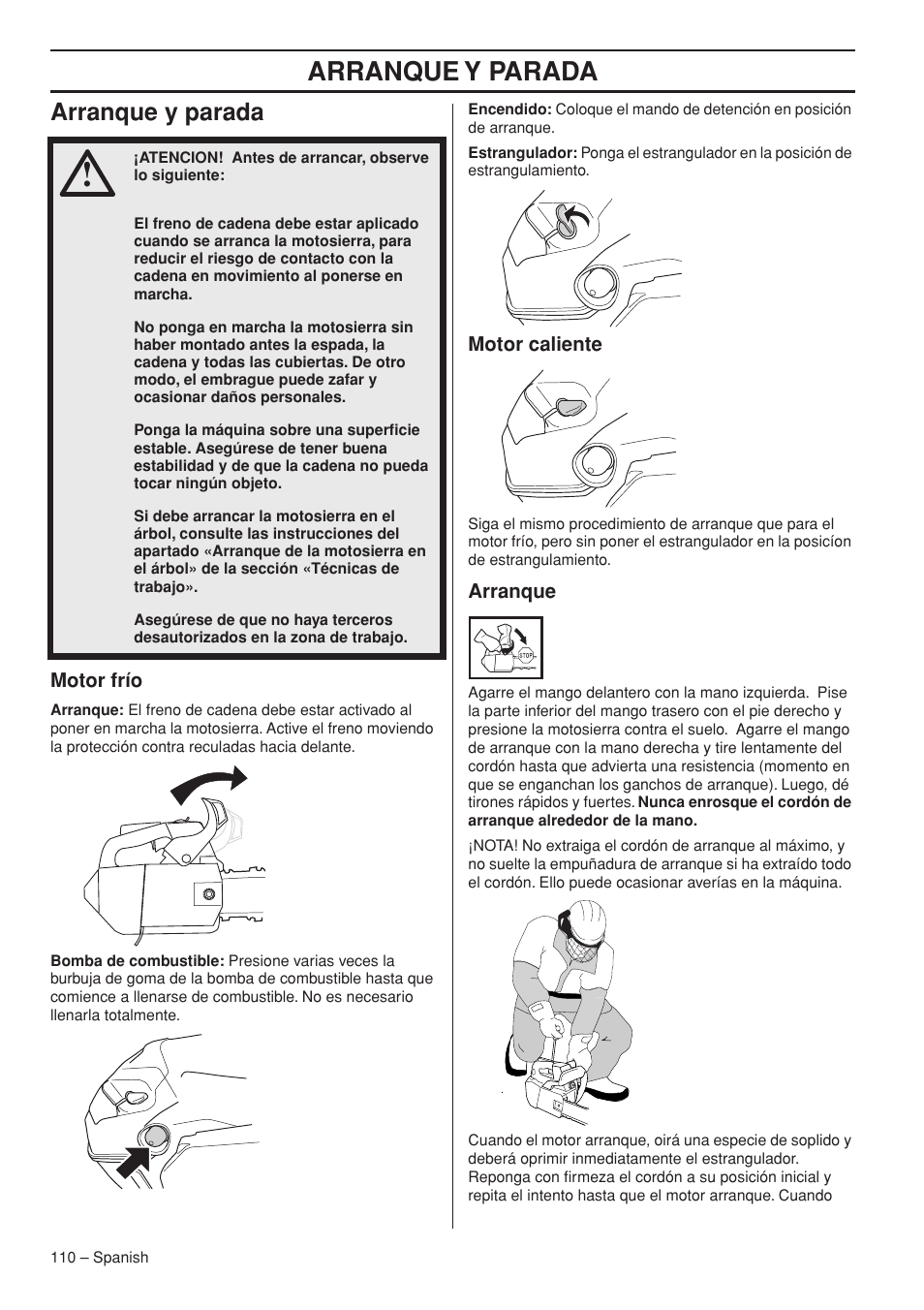 Arranque y parada | Husqvarna Chainsaw T435 User Manual | Page 110 / 140