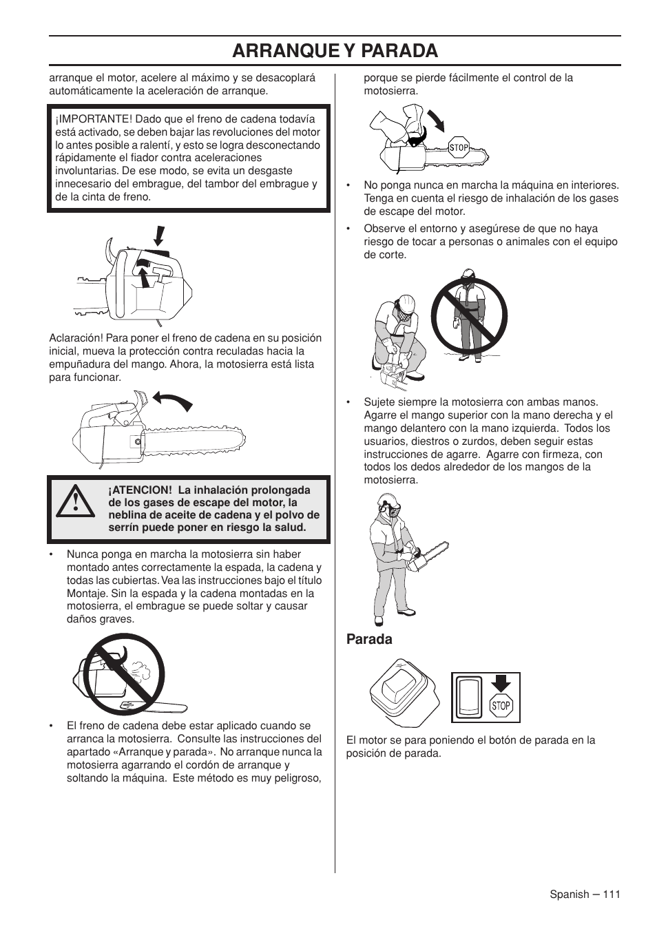 Arranque y parada | Husqvarna Chainsaw T435 User Manual | Page 111 / 140