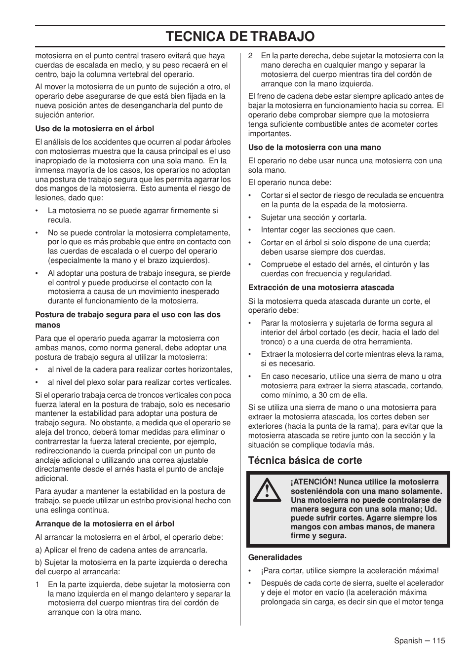 Tecnica de trabajo, Técnica básica de corte | Husqvarna Chainsaw T435 User Manual | Page 115 / 140