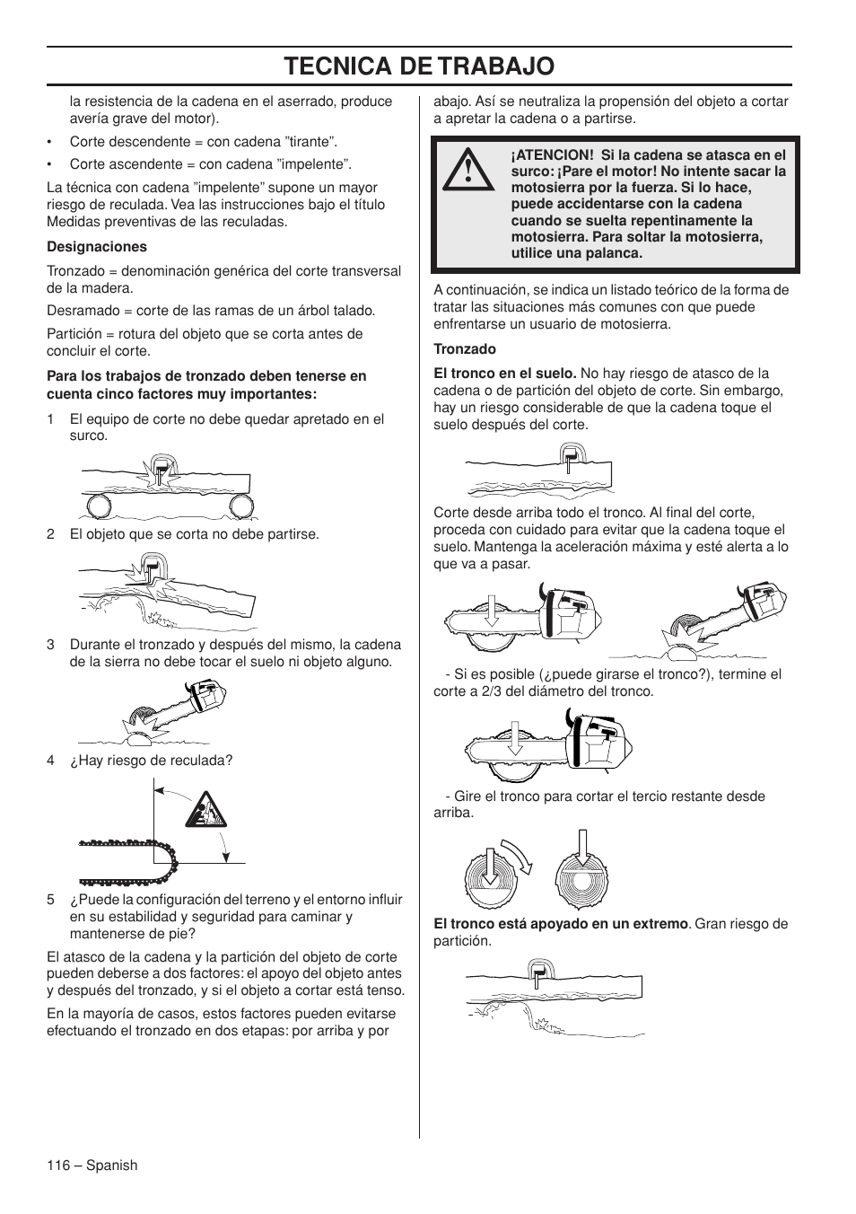 Tecnica de trabajo | Husqvarna Chainsaw T435 User Manual | Page 116 / 140