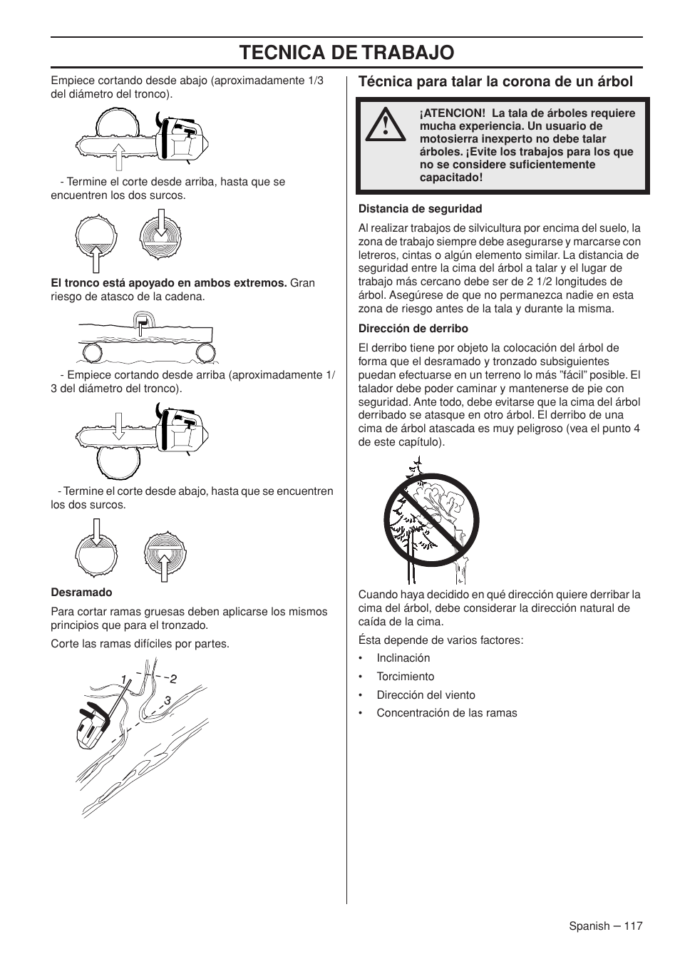 Tecnica de trabajo, Técnica para talar la corona de un árbol | Husqvarna Chainsaw T435 User Manual | Page 117 / 140