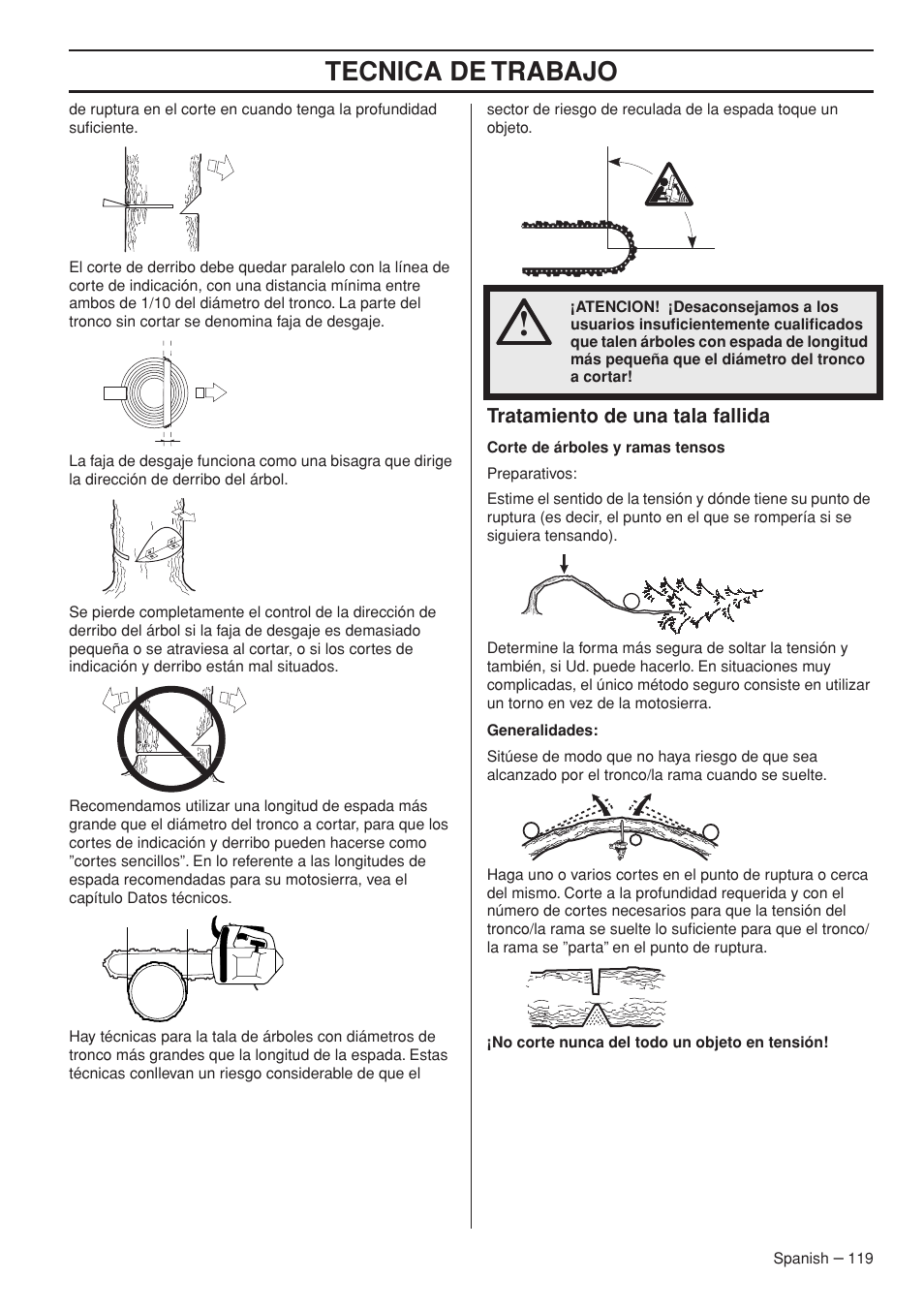 Tecnica de trabajo | Husqvarna Chainsaw T435 User Manual | Page 119 / 140