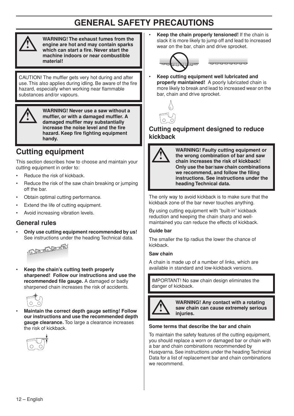 General safety precautions, Cutting equipment | Husqvarna Chainsaw T435 User Manual | Page 12 / 140