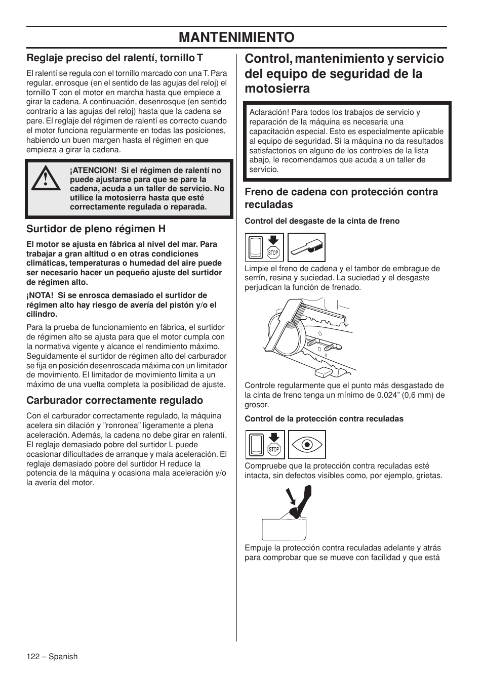 Mantenimiento | Husqvarna Chainsaw T435 User Manual | Page 122 / 140