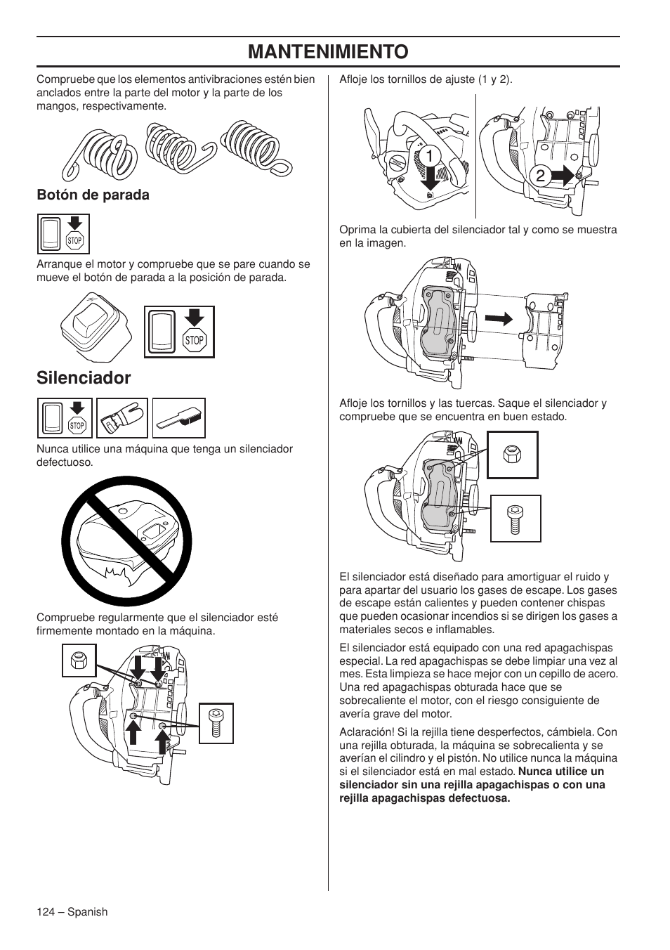 Mantenimiento, Silenciador | Husqvarna Chainsaw T435 User Manual | Page 124 / 140