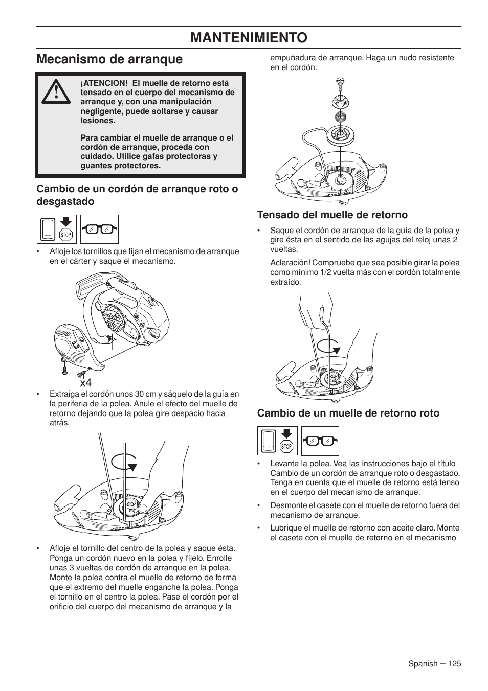 Mantenimiento, Mecanismo de arranque | Husqvarna Chainsaw T435 User Manual | Page 125 / 140
