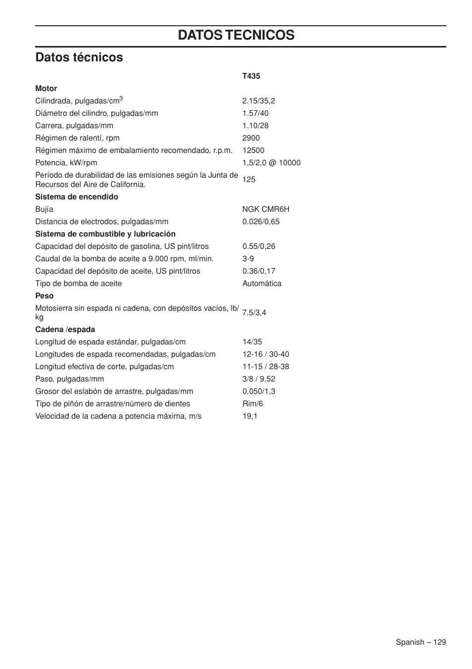 Mantenimiento, Datos tecnicos, Datos técnicos | Husqvarna Chainsaw T435 User Manual | Page 129 / 140