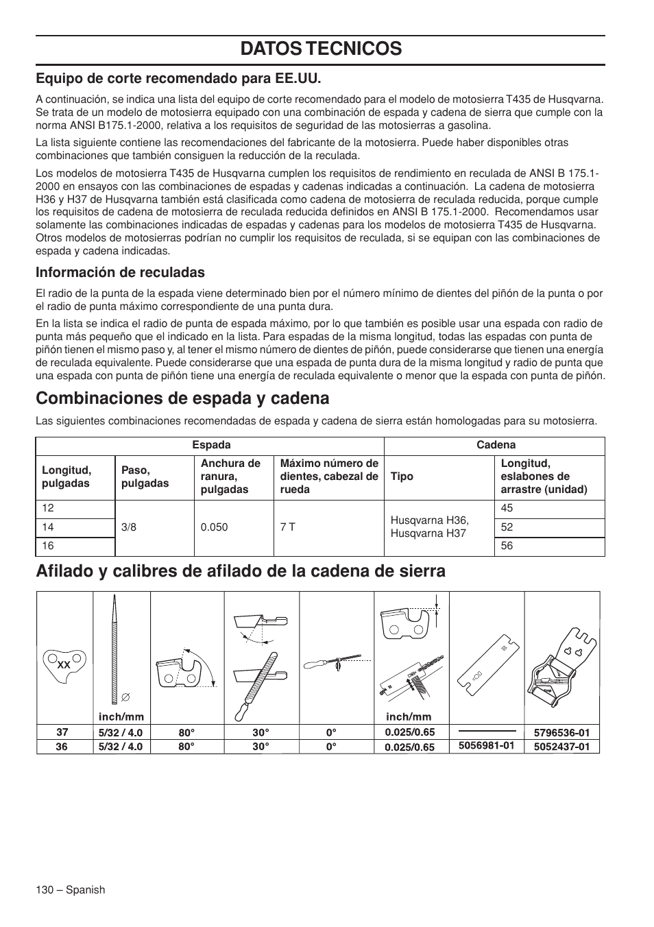 Mantenimiento, Datos tecnicos, Combinaciones de espada y cadena | Husqvarna Chainsaw T435 User Manual | Page 130 / 140