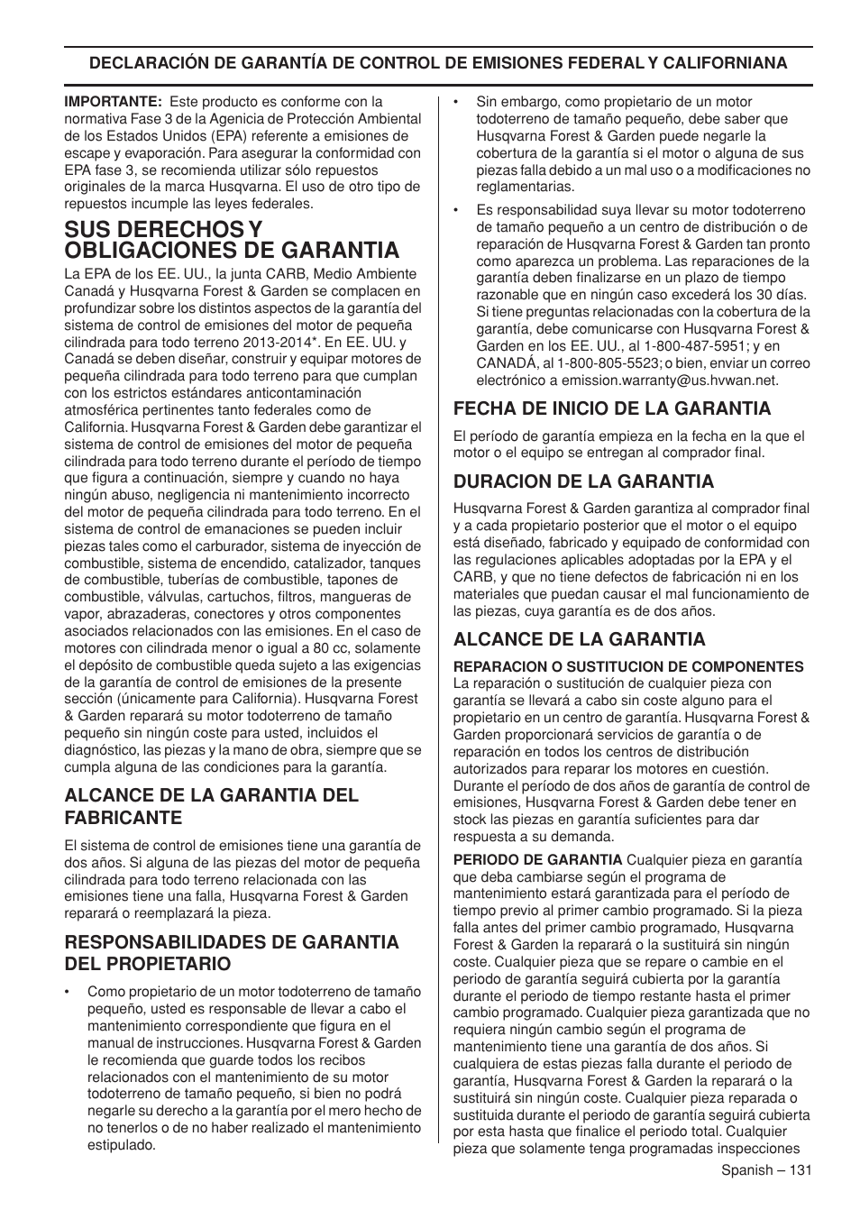 Sus derechos y obligaciones de garantia | Husqvarna Chainsaw T435 User Manual | Page 131 / 140
