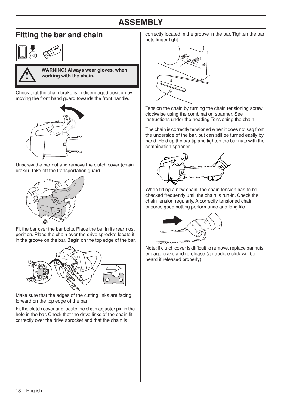Assembly, Fitting the bar and chain | Husqvarna Chainsaw T435 User Manual | Page 18 / 140