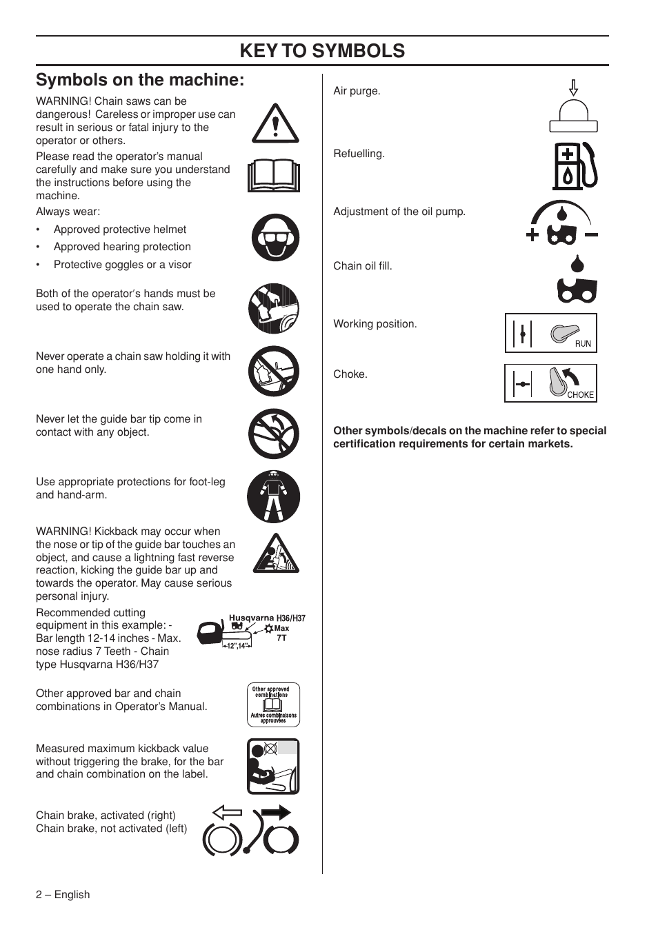 Key to symbols, Symbols on the machine | Husqvarna Chainsaw T435 User Manual | Page 2 / 140