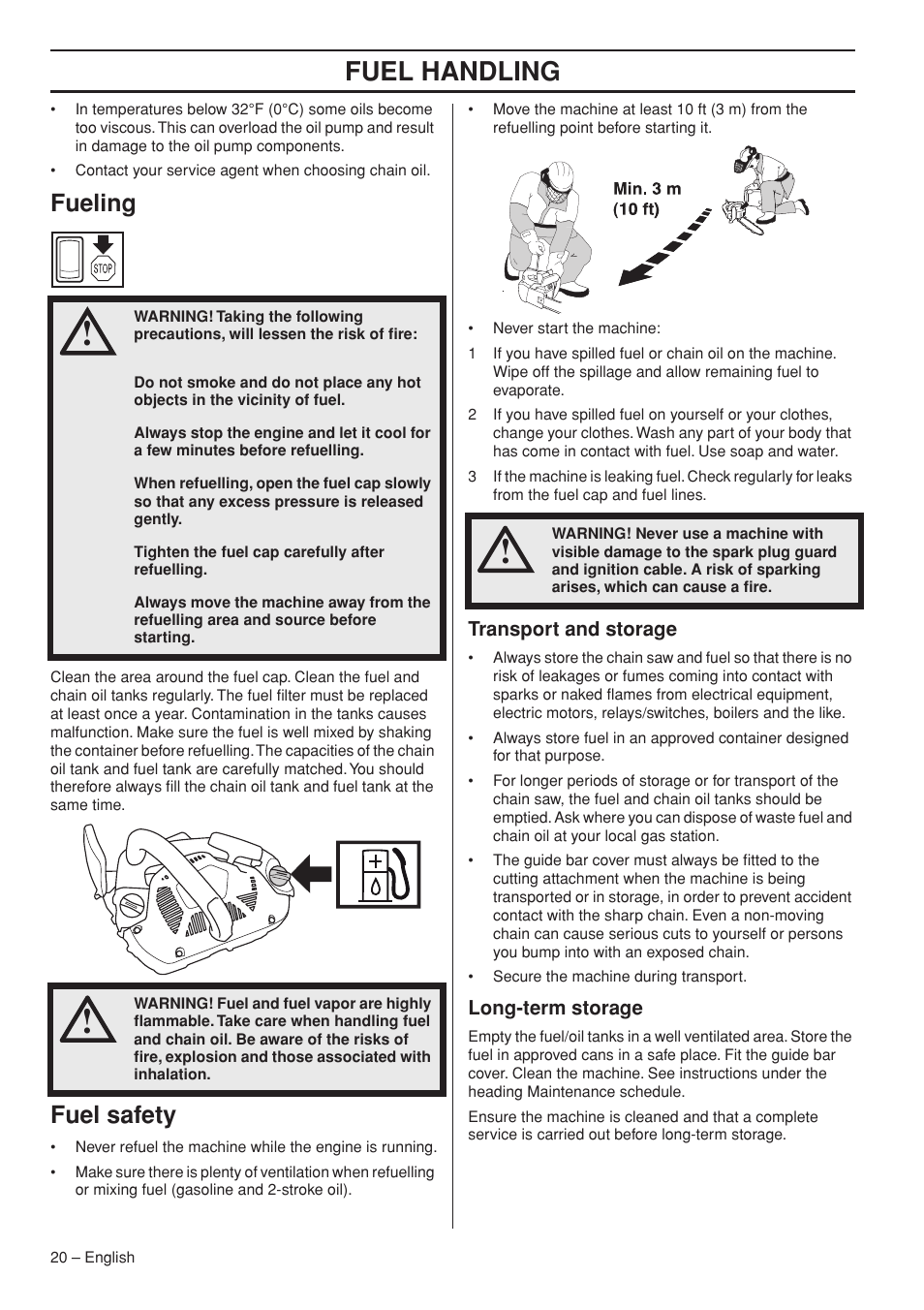 Fuel handling, Fueling, Fuel safety | Husqvarna Chainsaw T435 User Manual | Page 20 / 140