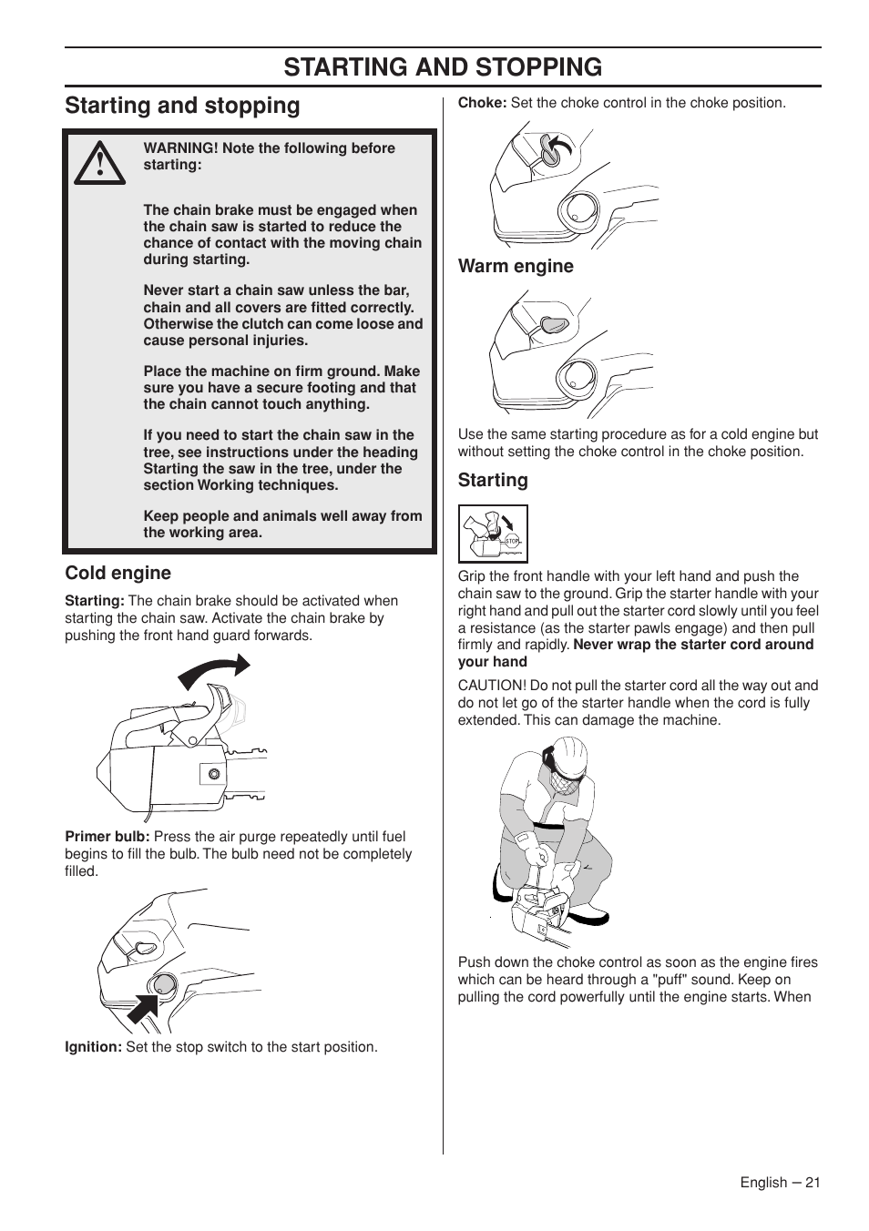 Starting and stopping | Husqvarna Chainsaw T435 User Manual | Page 21 / 140