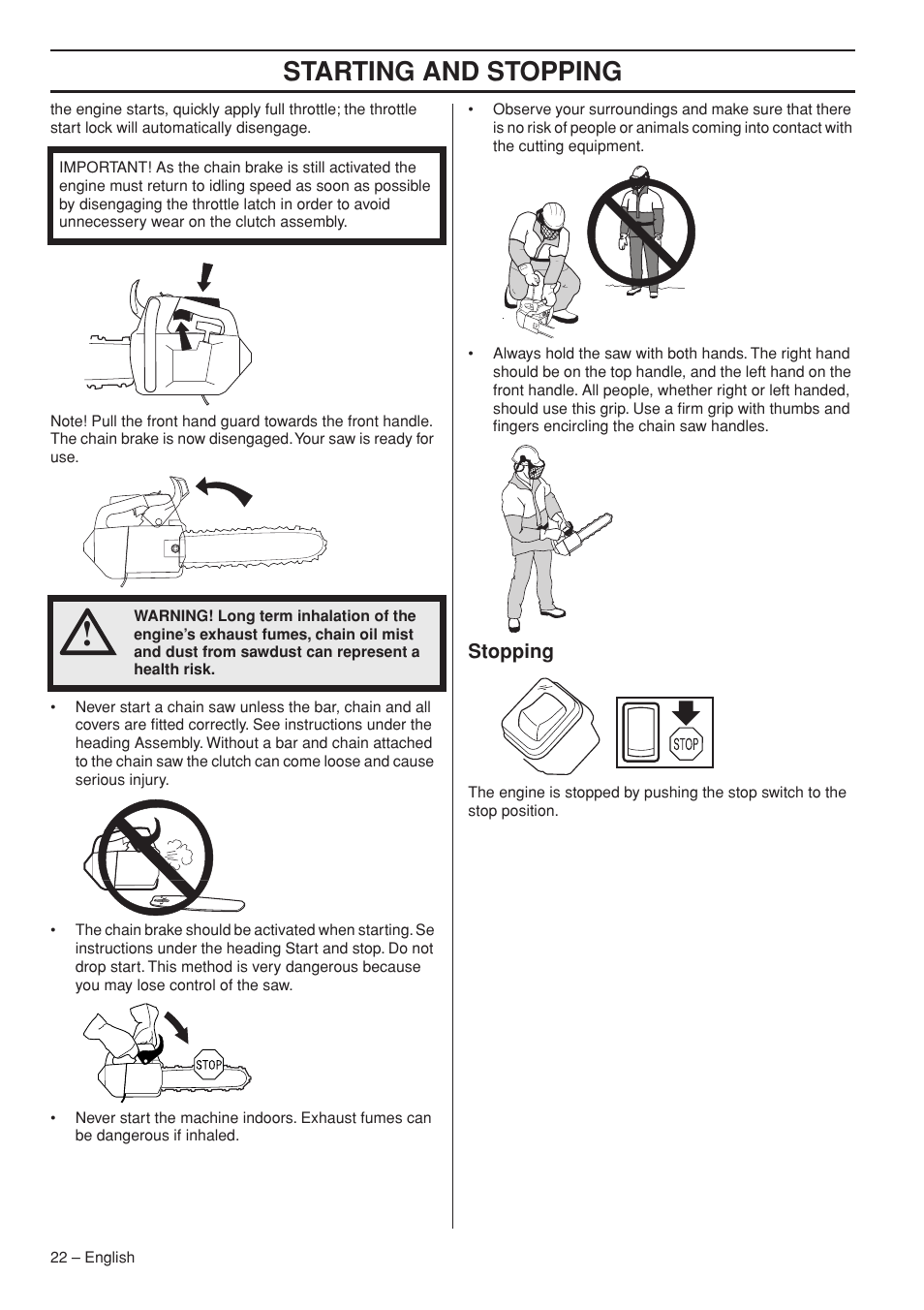 Starting and stopping | Husqvarna Chainsaw T435 User Manual | Page 22 / 140