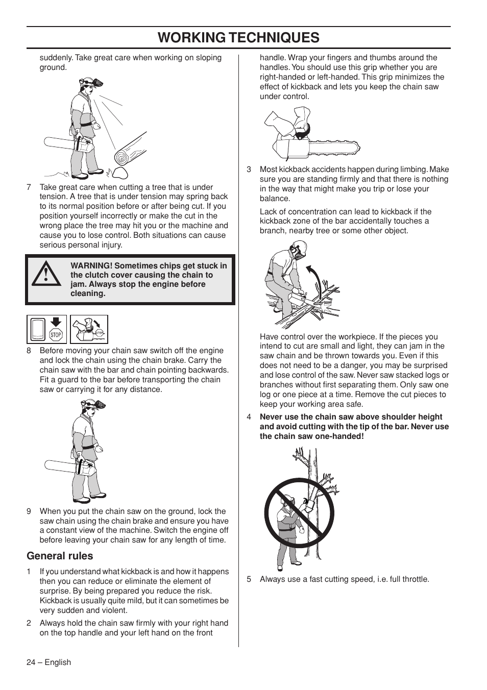 Working techniques, General rules | Husqvarna Chainsaw T435 User Manual | Page 24 / 140